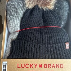 Lucky Brand Black Beanie with Faux Fur Pom